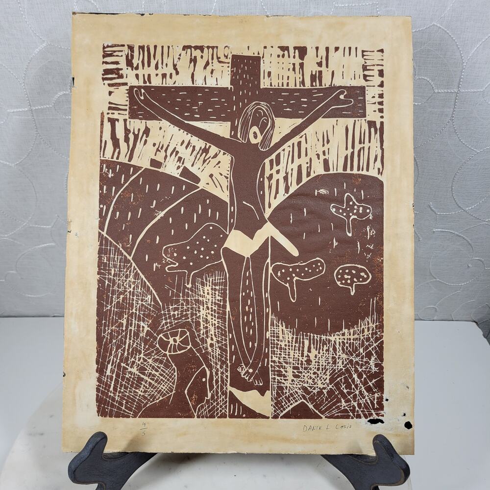 VTG Jesus Christ Crucifix Abstract Art Brown Daniel Cesio Expressionist Original